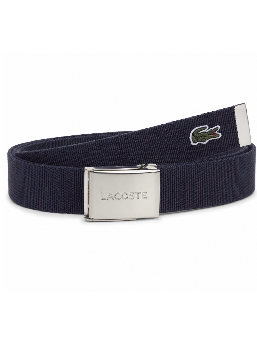 Lacoste men's woven belt featuring a metal plate buckle logo engraved patch 42”
